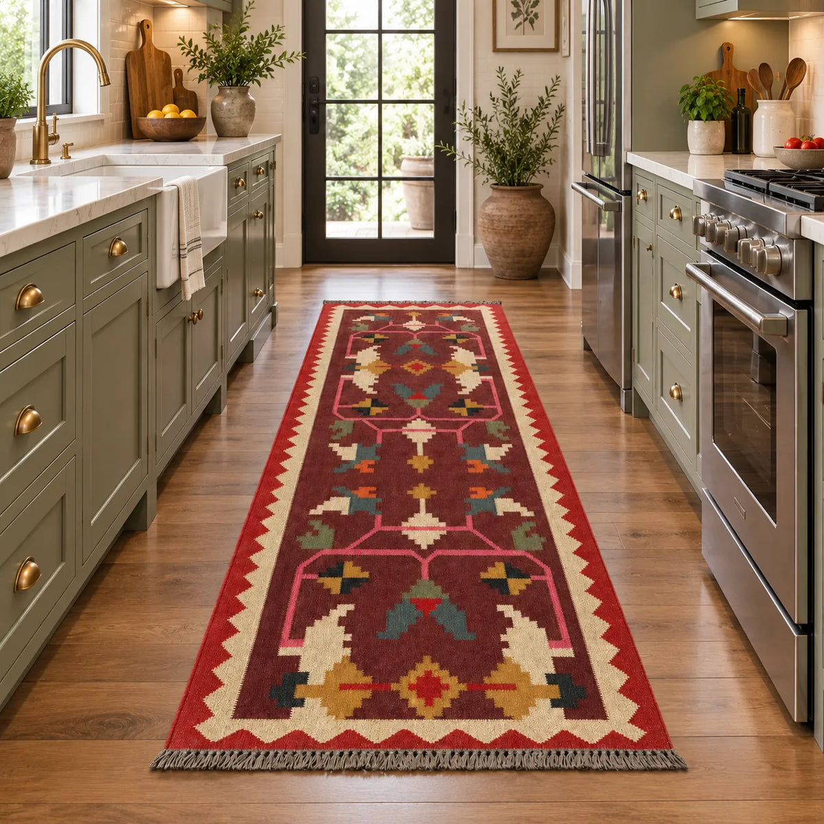 Maroon Folk-Art Kilim Carpet Runner – Artisan-Woven Wool Jute Rug, Made to Measure