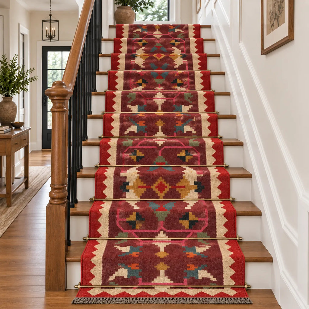 Maroon Folk-Art Kilim Carpet Runner – Artisan-Woven Wool Jute Rug, Made to Measure