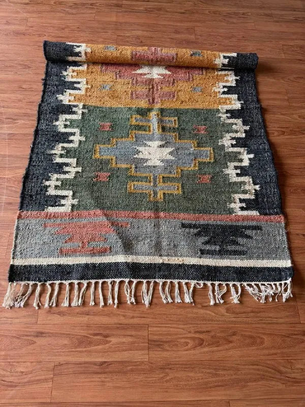 Harvest Panel Kilim Dhurrie – Artisan-Woven Multicolor Wool Jute Runner Rug