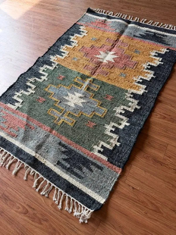 Harvest Panel Kilim Dhurrie – Artisan-Woven Multicolor Wool Jute Runner Rug