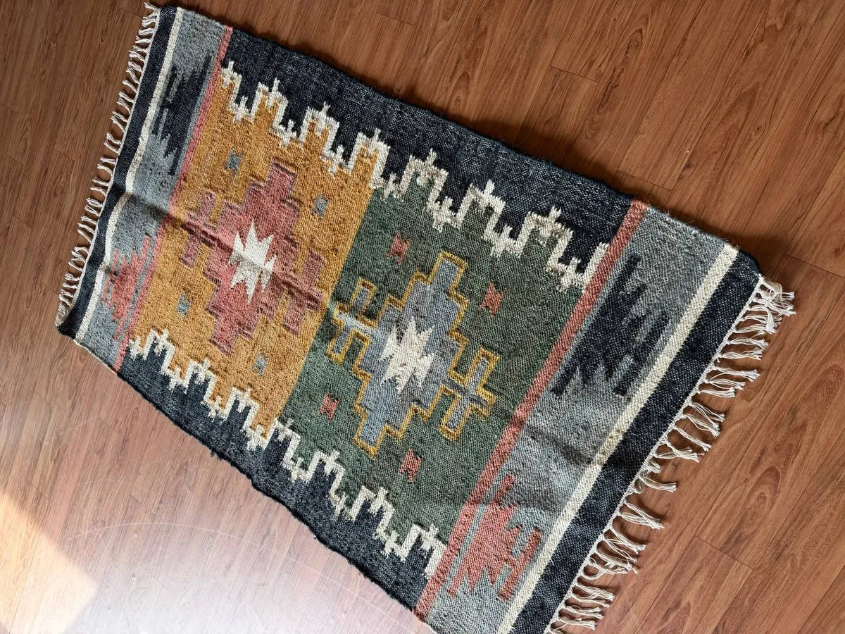 Harvest Panel Kilim Dhurrie – Artisan-Woven Multicolor Wool Jute Runner Rug