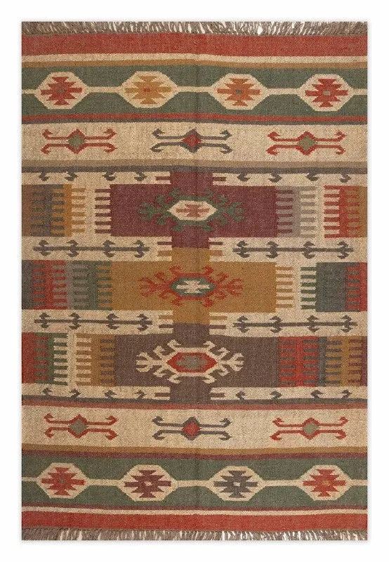 Earth-Tone Wool Jute Kilim Dhurrie – Artisan Geometric Area Rug