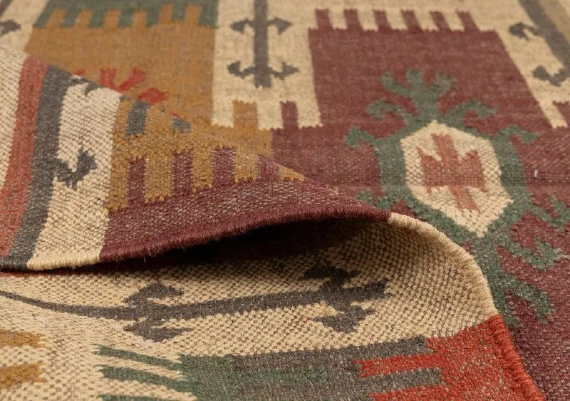 Earth-Tone Wool Jute Kilim Dhurrie – Artisan Geometric Area Rug