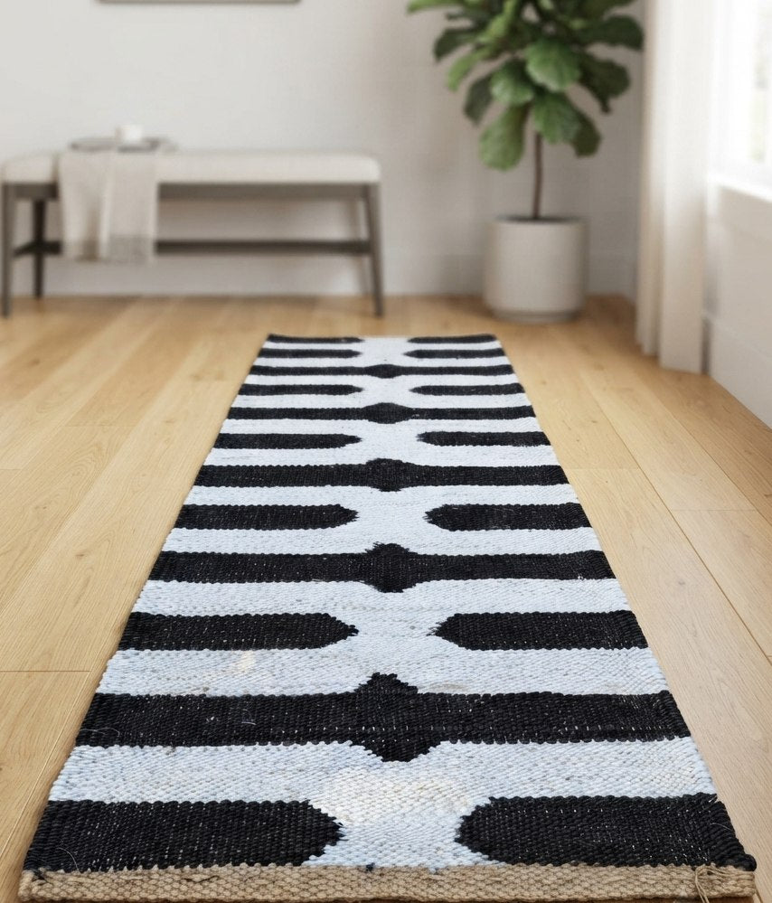 Black and Ivory Hemp Runner Rug – Handwoven Geometric Hallway Carpet