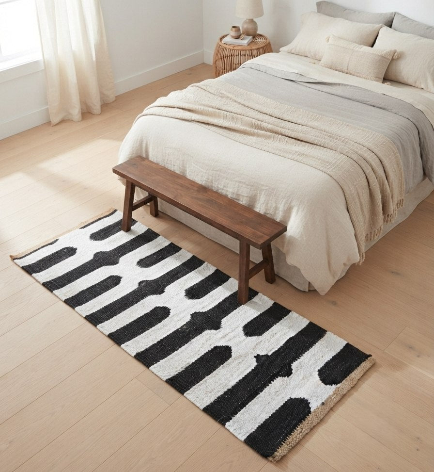 Black and Ivory Hemp Runner Rug – Handwoven Geometric Hallway Carpet