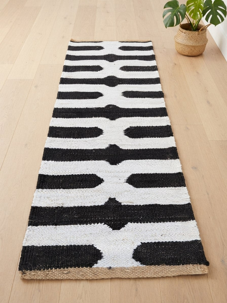 Black and Ivory Hemp Runner Rug – Handwoven Geometric Hallway Carpet