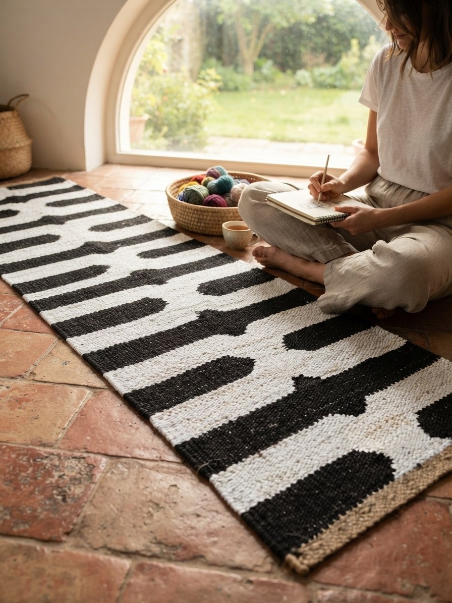 Black and Ivory Hemp Runner Rug – Handwoven Geometric Hallway Carpet