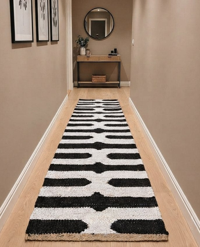 Black and Ivory Hemp Runner Rug – Handwoven Geometric Hallway Carpet