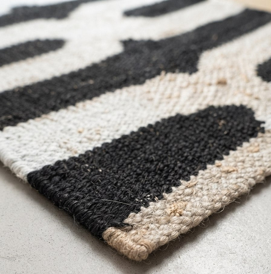Black and Ivory Hemp Runner Rug – Handwoven Geometric Hallway Carpet
