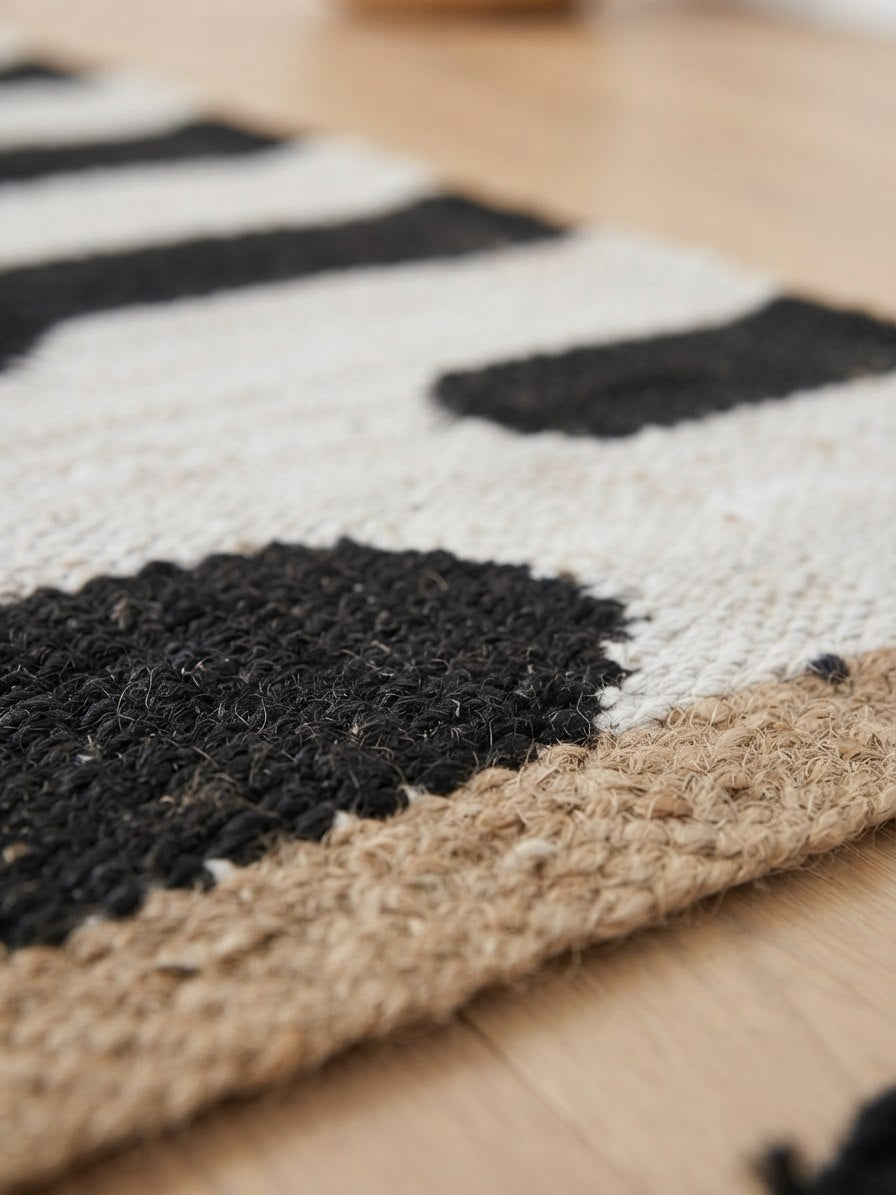 Black and Ivory Hemp Runner Rug – Handwoven Geometric Hallway Carpet