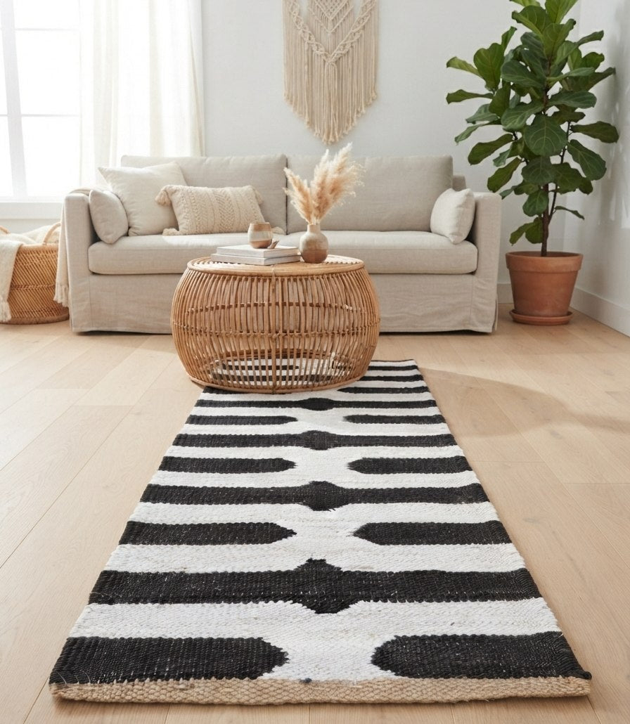 Black and Ivory Hemp Runner Rug – Handwoven Geometric Hallway Carpet