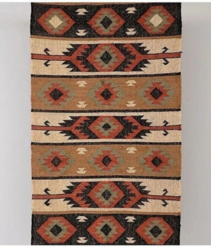 Handwoven Navajo Kilim Rug | Handmade Wool Jute Tribal Flatweave Area Rug in Rust Red, Beige & Charcoal for Living Room