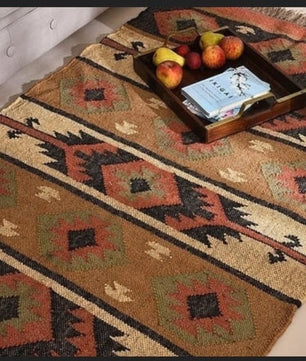 Handwoven Navajo Kilim Rug | Handmade Wool Jute Tribal Flatweave Area Rug in Rust Red, Beige & Charcoal for Living Room