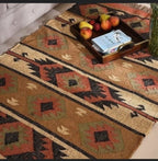 Handwoven Navajo Kilim Rug | Handmade Wool Jute Tribal Flatweave Area Rug in Rust Red, Beige & Charcoal for Living Room