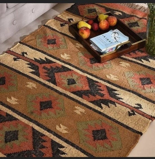 Handwoven Navajo Kilim Rug | Handmade Wool Jute Tribal Flatweave Area Rug in Rust Red, Beige & Charcoal for Living Room