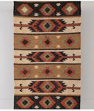 Handwoven Navajo Kilim Rug | Handmade Wool Jute Tribal Flatweave Area Rug in Rust Red, Beige & Charcoal for Living Room
