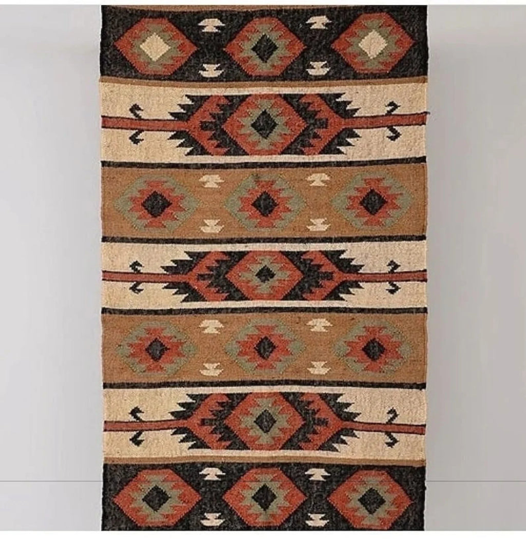Handwoven Navajo Kilim Rug | Handmade Wool Jute Tribal Flatweave Area Rug in Rust Red, Beige & Charcoal for Living Room