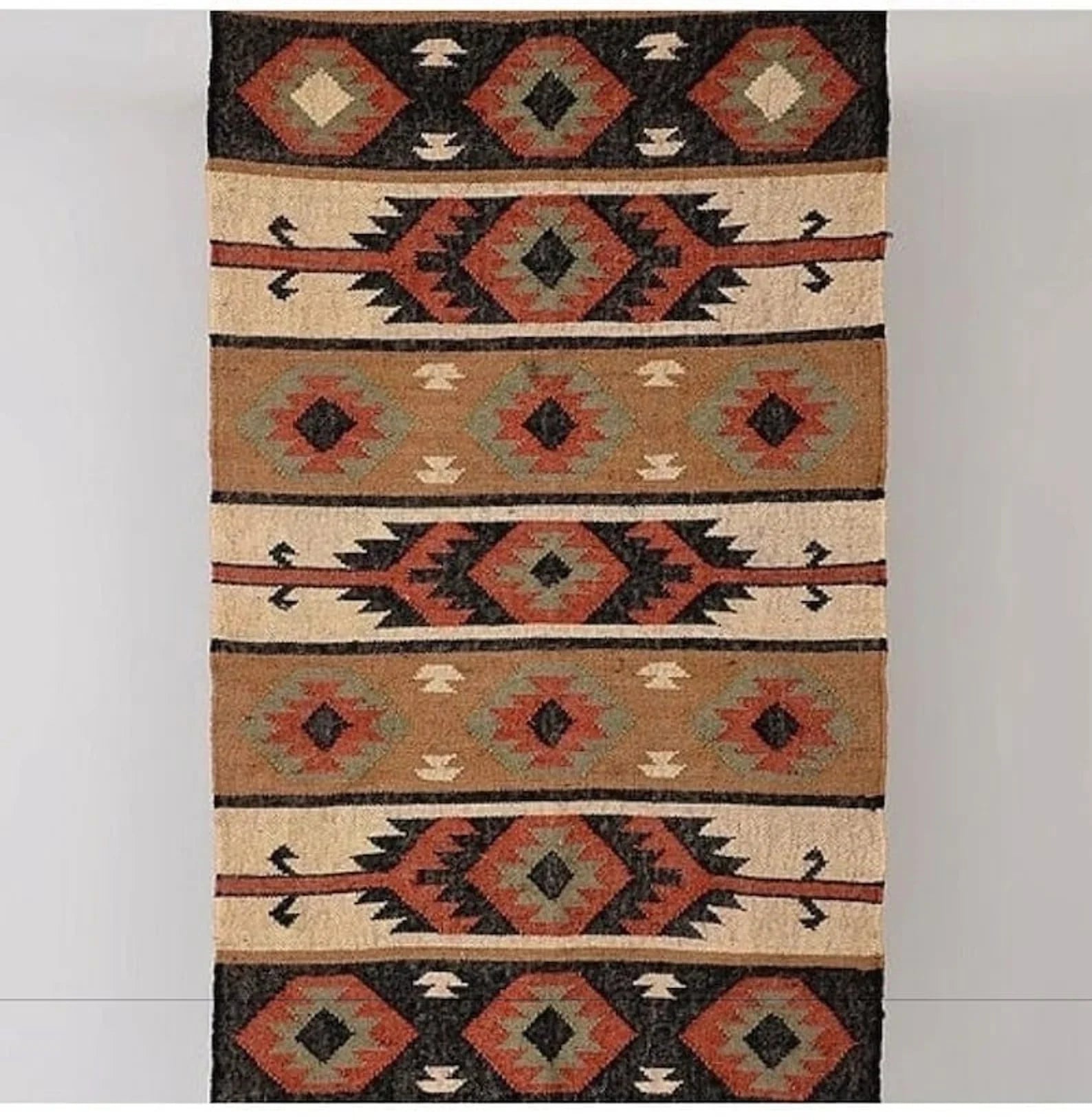 Handwoven Navajo Kilim Rug | Handmade Wool Jute Tribal Flatweave Area Rug in Rust Red, Beige & Charcoal for Living Room