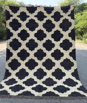 Minimalist Black Ivory Wool Jute Kilim Rug, Handmade Flatweave Area Rug, Scandinavian Farmhouse Carpet, Reversible Natural Fiber Rug