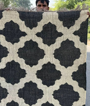 Minimalist Black Ivory Wool Jute Kilim Rug, Handmade Flatweave Area Rug, Scandinavian Farmhouse Carpet, Reversible Natural Fiber Rug