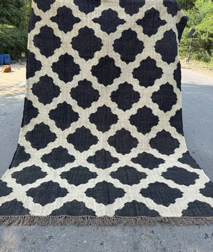 Minimalist Black Ivory Wool Jute Kilim Rug, Handmade Flatweave Area Rug, Scandinavian Farmhouse Carpet, Reversible Natural Fiber Rug