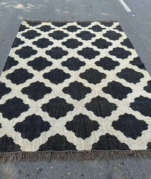 Minimalist Black Ivory Wool Jute Kilim Rug, Handmade Flatweave Area Rug, Scandinavian Farmhouse Carpet, Reversible Natural Fiber Rug