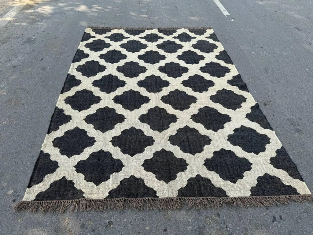 Minimalist Black Ivory Wool Jute Kilim Rug, Handmade Flatweave Area Rug, Scandinavian Farmhouse Carpet, Reversible Natural Fiber Rug