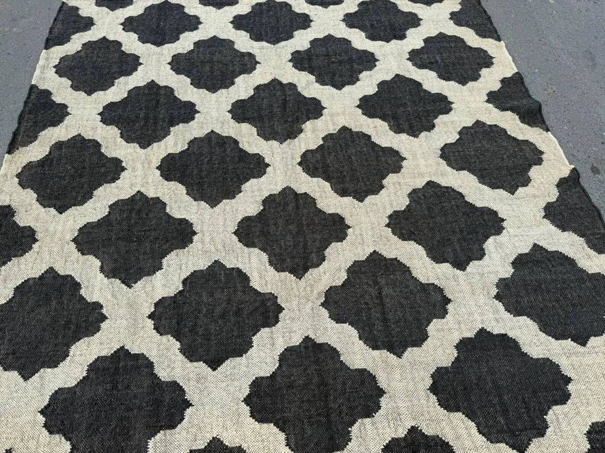 Minimalist Black Ivory Wool Jute Kilim Rug, Handmade Flatweave Area Rug, Scandinavian Farmhouse Carpet, Reversible Natural Fiber Rug