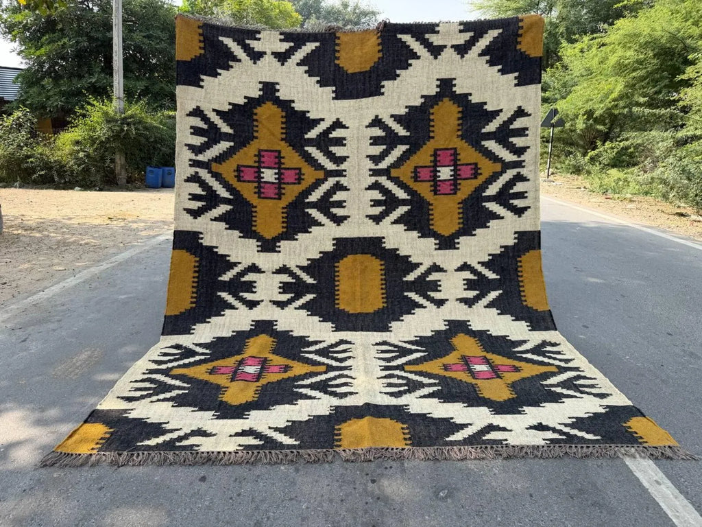 Large Wool Jute Kilim Area Rug, Handwoven Tribal Boho Carpet, Reversible Southwestern Flatweave Dhurrie, Custom Handmade Rug