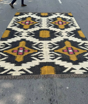 Large Wool Jute Kilim Area Rug, Handwoven Tribal Boho Carpet, Reversible Southwestern Flatweave Dhurrie, Custom Handmade Rug