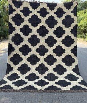 Minimalist Black Ivory Wool Jute Kilim Rug, Handmade Flatweave Area Rug, Scandinavian Farmhouse Carpet, Reversible Natural Fiber Rug