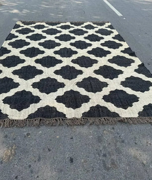 Minimalist Black Ivory Wool Jute Kilim Rug, Handmade Flatweave Area Rug, Scandinavian Farmhouse Carpet, Reversible Natural Fiber Rug