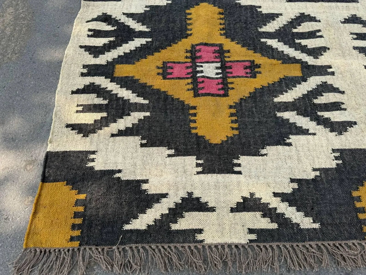 Large Wool Jute Kilim Area Rug, Handwoven Tribal Boho Carpet, Reversible Southwestern Flatweave Dhurrie, Custom Handmade Rug