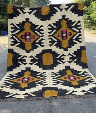 Large Wool Jute Kilim Area Rug, Handwoven Tribal Boho Carpet, Reversible Southwestern Flatweave Dhurrie, Custom Handmade Rug