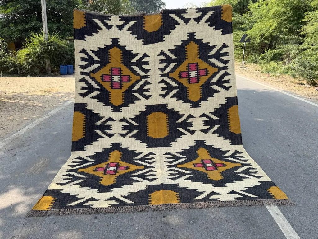 Large Wool Jute Kilim Area Rug, Handwoven Tribal Boho Carpet, Reversible Southwestern Flatweave Dhurrie, Custom Handmade Rug