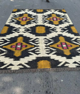 Large Wool Jute Kilim Area Rug, Handwoven Tribal Boho Carpet, Reversible Southwestern Flatweave Dhurrie, Custom Handmade Rug