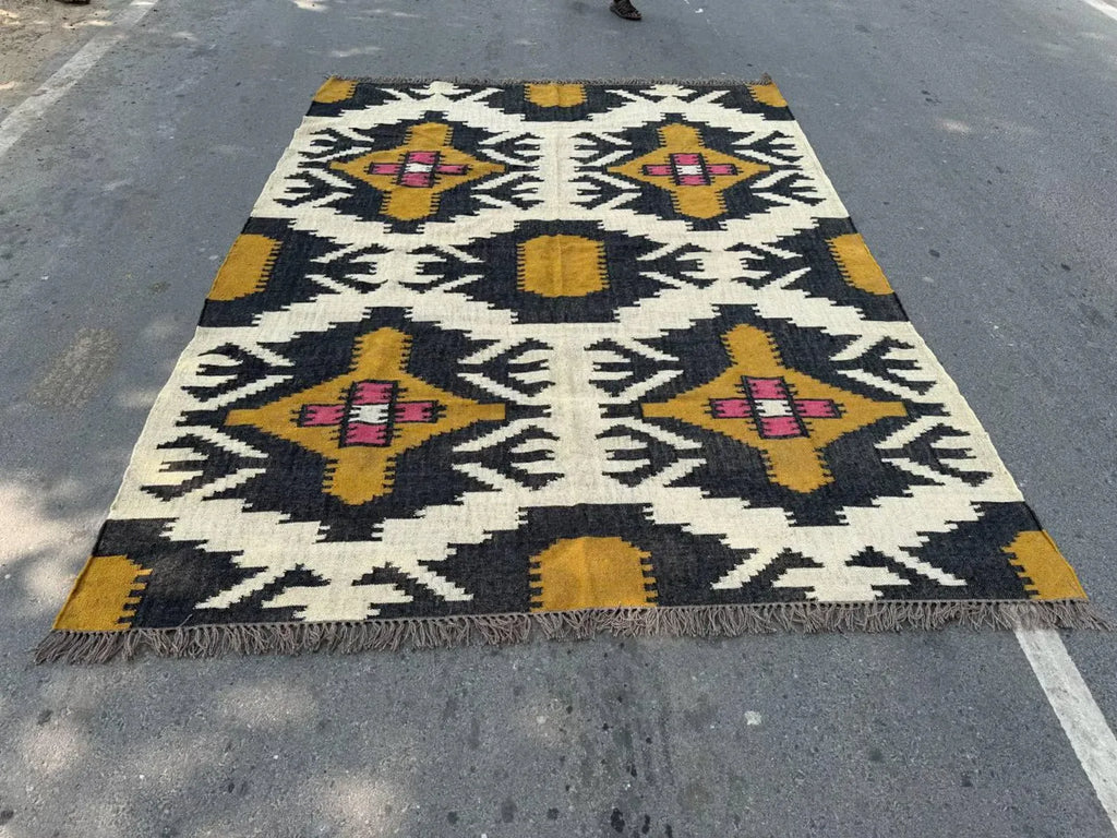 Large Wool Jute Kilim Area Rug, Handwoven Tribal Boho Carpet, Reversible Southwestern Flatweave Dhurrie, Custom Handmade Rug