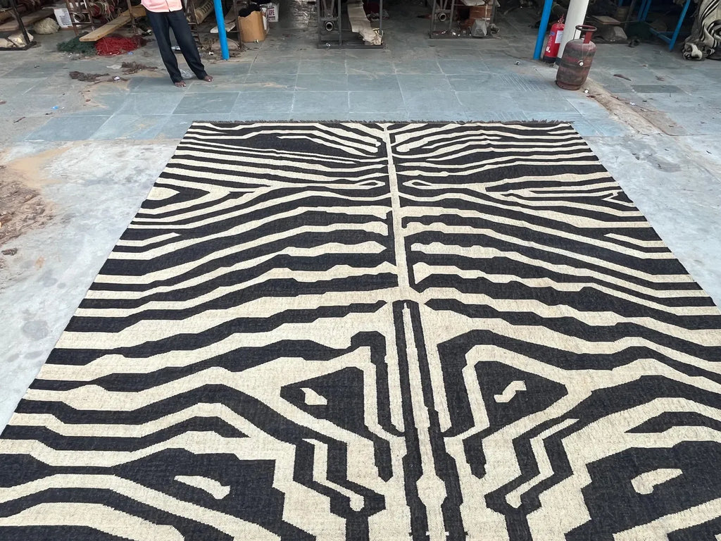 Black White Handmade Zebra Kilim Rug, Modern Wool Area Rug, Animal Print Flatweave Carpet, Contemporary Tribal Rug, Custom Handmade Rug