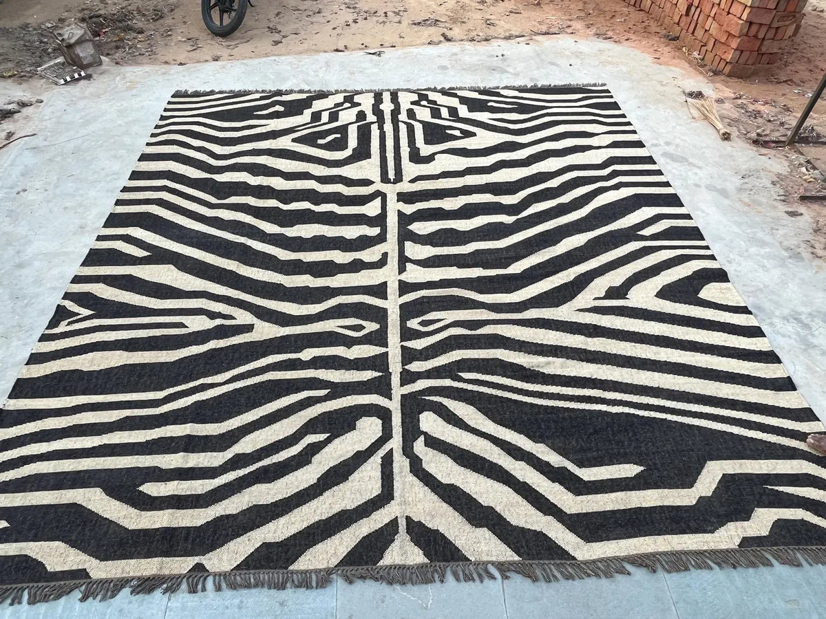 Black White Handmade Zebra Kilim Rug, Modern Wool Area Rug, Animal Print Flatweave Carpet, Contemporary Tribal Rug, Custom Handmade Rug