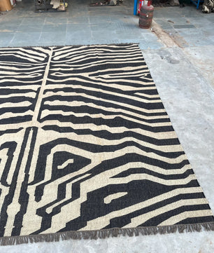 Black White Handmade Zebra Kilim Rug, Modern Wool Area Rug, Animal Print Flatweave Carpet, Contemporary Tribal Rug, Custom Handmade Rug