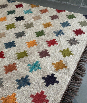 Handwoven Multicolor Wool Jute Kilim Area Rug – Handmade Tribal Flatweave Dhurrie with Geometric Cross Pattern