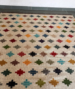 Handwoven Multicolor Wool Jute Kilim Area Rug – Handmade Tribal Flatweave Dhurrie with Geometric Cross Pattern