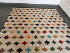 Handgeweefde Veelkleurige Wol Jute Kilim Area Rug – Handgemaakte Stam Platweef Dhurrie met Geometriese Kruispatroon