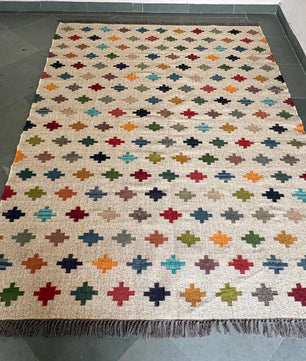 Handwoven Multicolor Wool Jute Kilim Area Rug – Handmade Tribal Flatweave Dhurrie with Geometric Cross Pattern