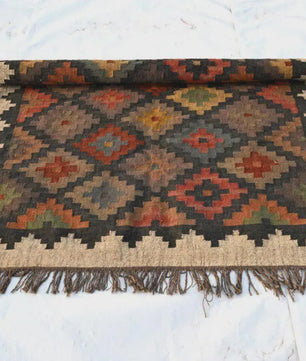 Geometric Handmade Wool Jute Kilim Rug, Tribal Boho Area Carpet, Flatweave Dhurrie Rug, Rustic Farmhouse Floor Rug, Custom Handmade Kilim