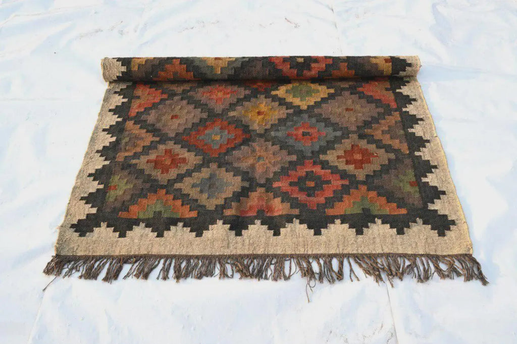 Geometric Handmade Wool Jute Kilim Rug, Tribal Boho Area Carpet, Flatweave Dhurrie Rug, Rustic Farmhouse Floor Rug, Custom Handmade Kilim