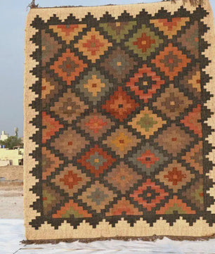 Geometric Handmade Wool Jute Kilim Rug, Tribal Boho Area Carpet, Flatweave Dhurrie Rug, Rustic Farmhouse Floor Rug, Custom Handmade Kilim