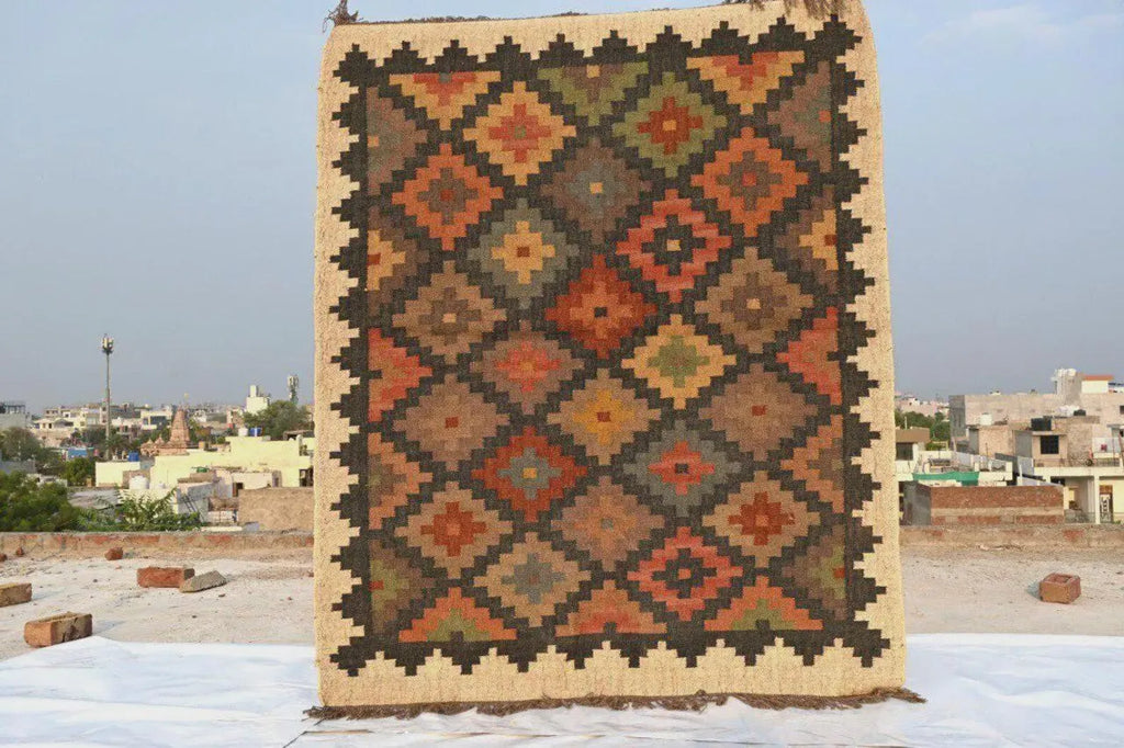 Geometric Handmade Wool Jute Kilim Rug, Tribal Boho Area Carpet, Flatweave Dhurrie Rug, Rustic Farmhouse Floor Rug, Custom Handmade Kilim