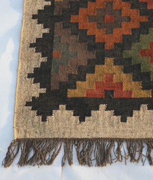 Geometric Handmade Wool Jute Kilim Rug, Tribal Boho Area Carpet, Flatweave Dhurrie Rug, Rustic Farmhouse Floor Rug, Custom Handmade Kilim