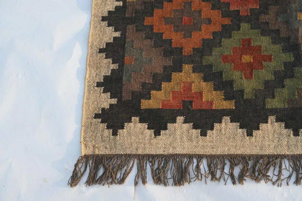Geometric Handmade Wool Jute Kilim Rug, Tribal Boho Area Carpet, Flatweave Dhurrie Rug, Rustic Farmhouse Floor Rug, Custom Handmade Kilim